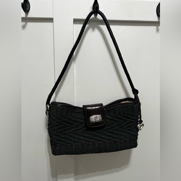 Vintage Brighton Wicker Straw Tote Bag‎ Purse Black Leather w/ Two Charms - Picture 1 of 11